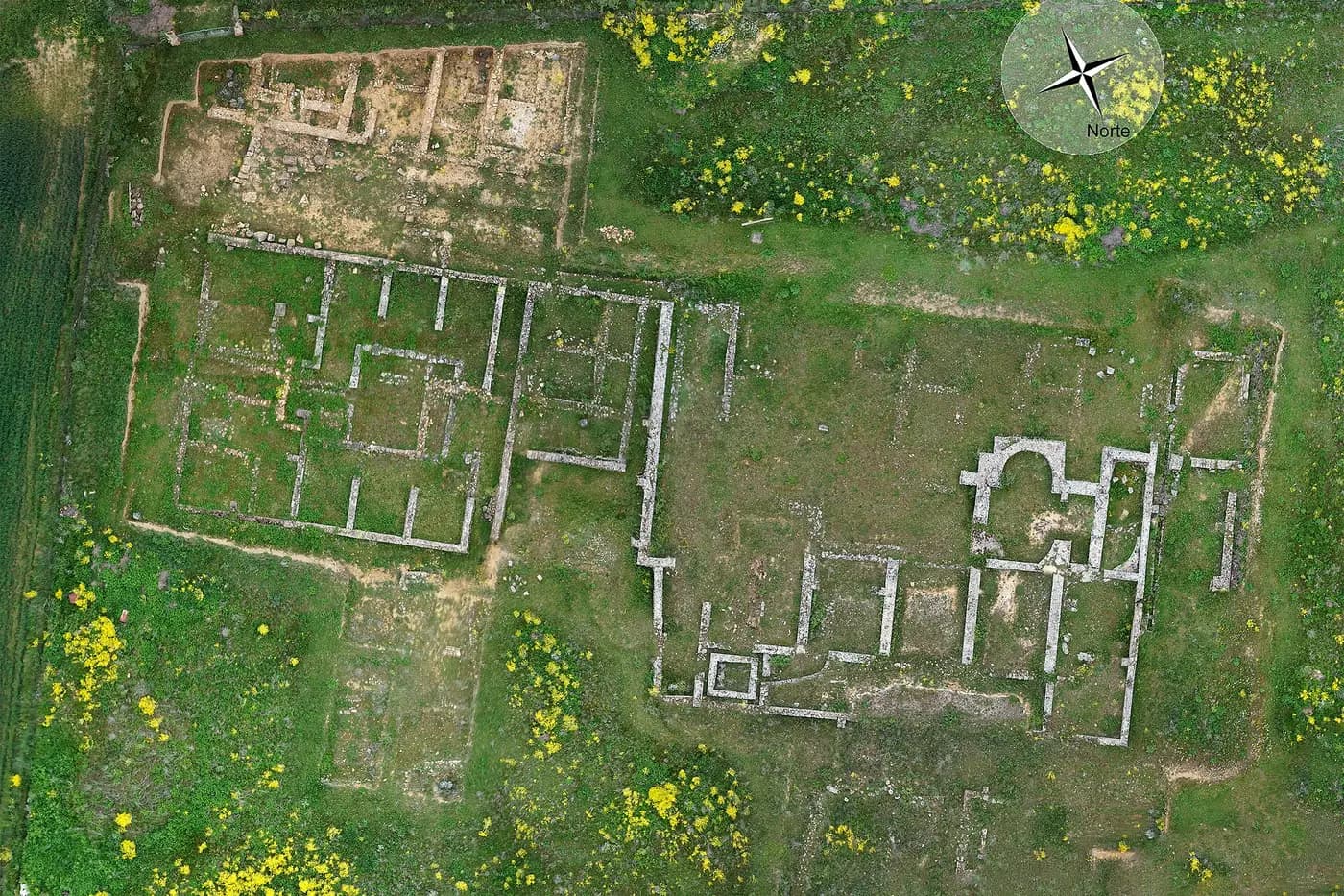 Drone orthomosaic map of an archaeological site with a north arrow