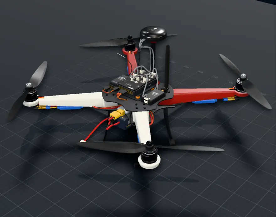 F450 quadcopter rendered from AeroNatomy's 3D model, rotating and separating into components